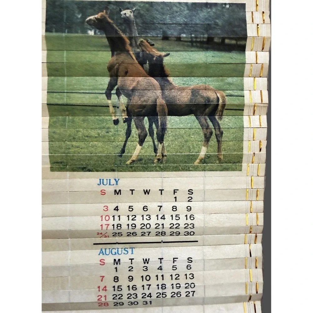 Vintage 1988-1989 Bamboo Slatted Double-Sided HORSE Calendar Roll 31.5
